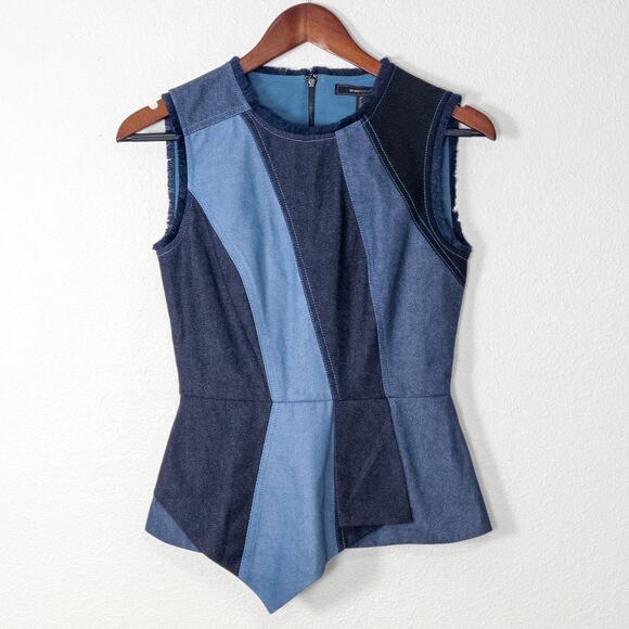 NEW BCBGMaxAzria Women’s Mae Top Denim Colorblock 100% Cotton Zip Back XXS - Picture 1 of 8